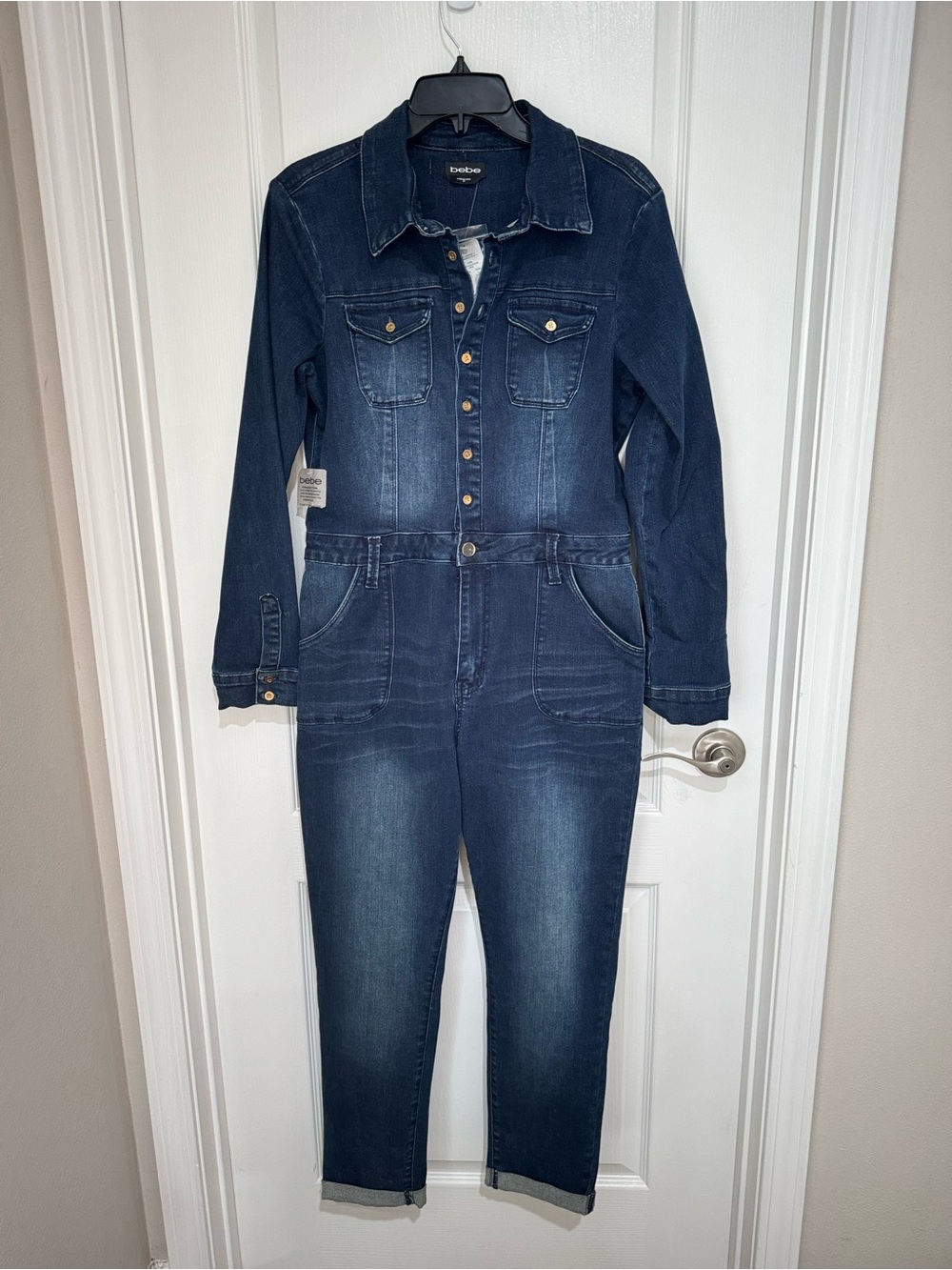 bebe Dark Denim Long-Sleeve Denim Jumpsuit